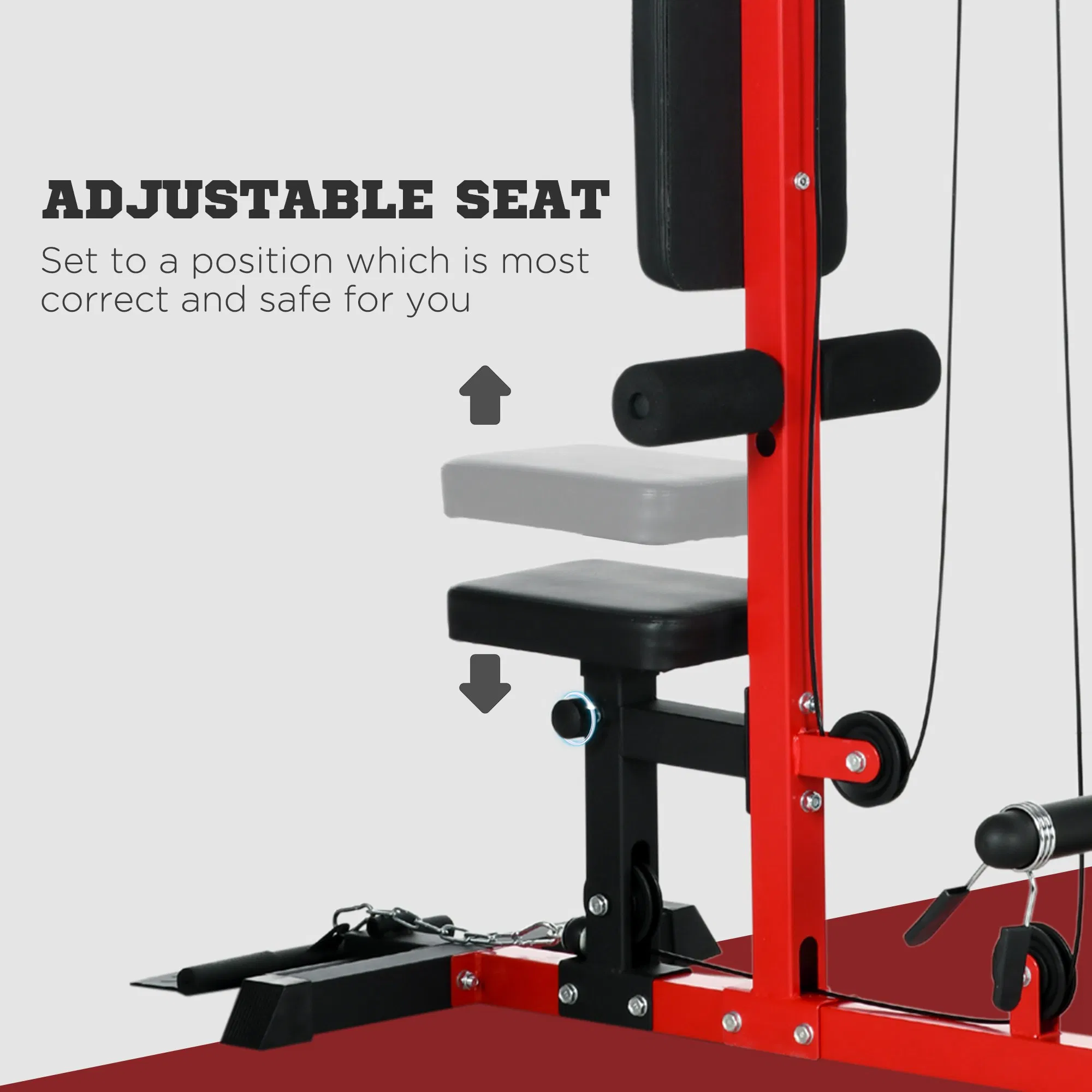 Lat Pull Down Machine, High / Low Pulley Machine with Adjustable Seat and Flip-Up Footplate, Red - Image 6