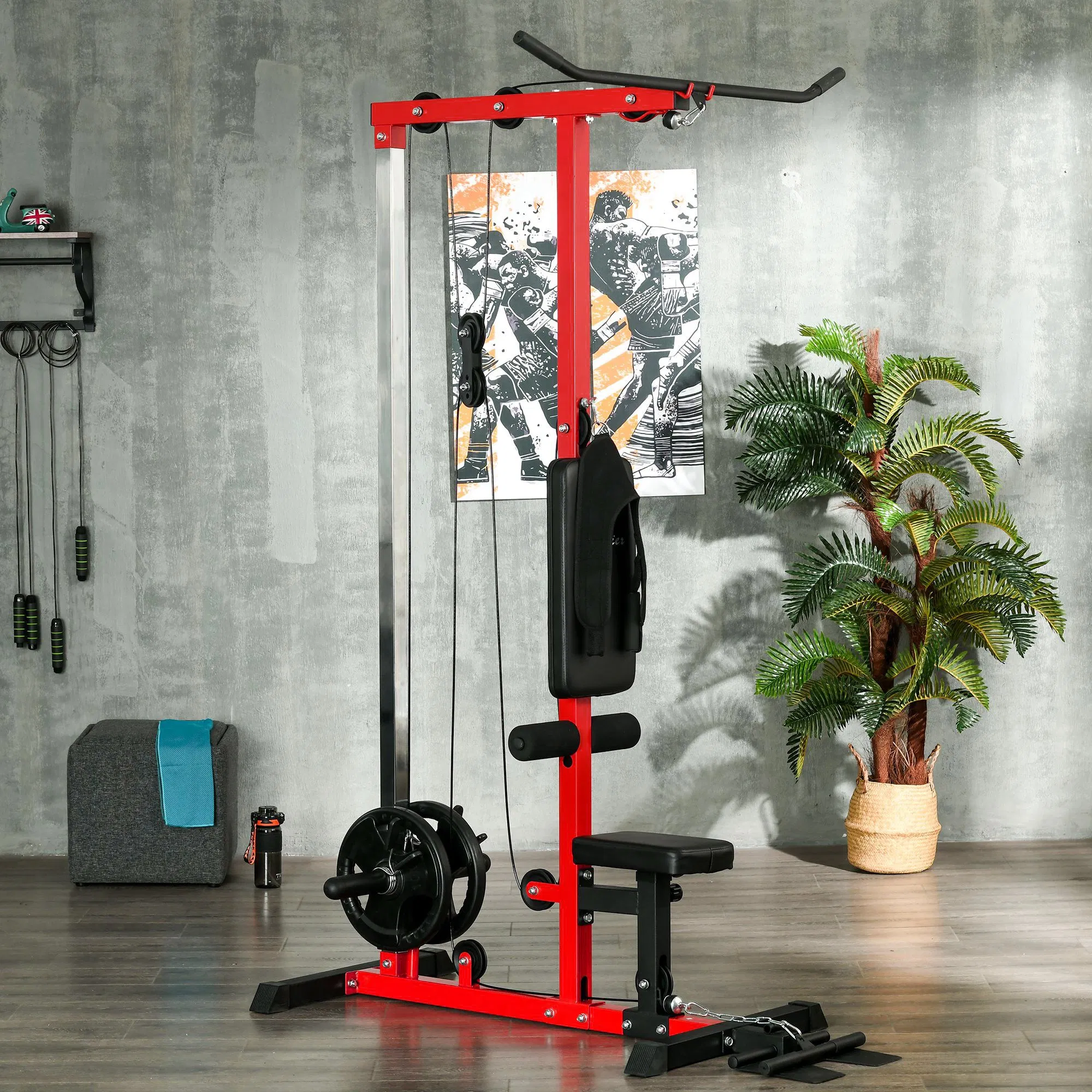 Lat Pull Down Machine, High / Low Pulley Machine with Adjustable Seat and Flip-Up Footplate, Red - Image 10