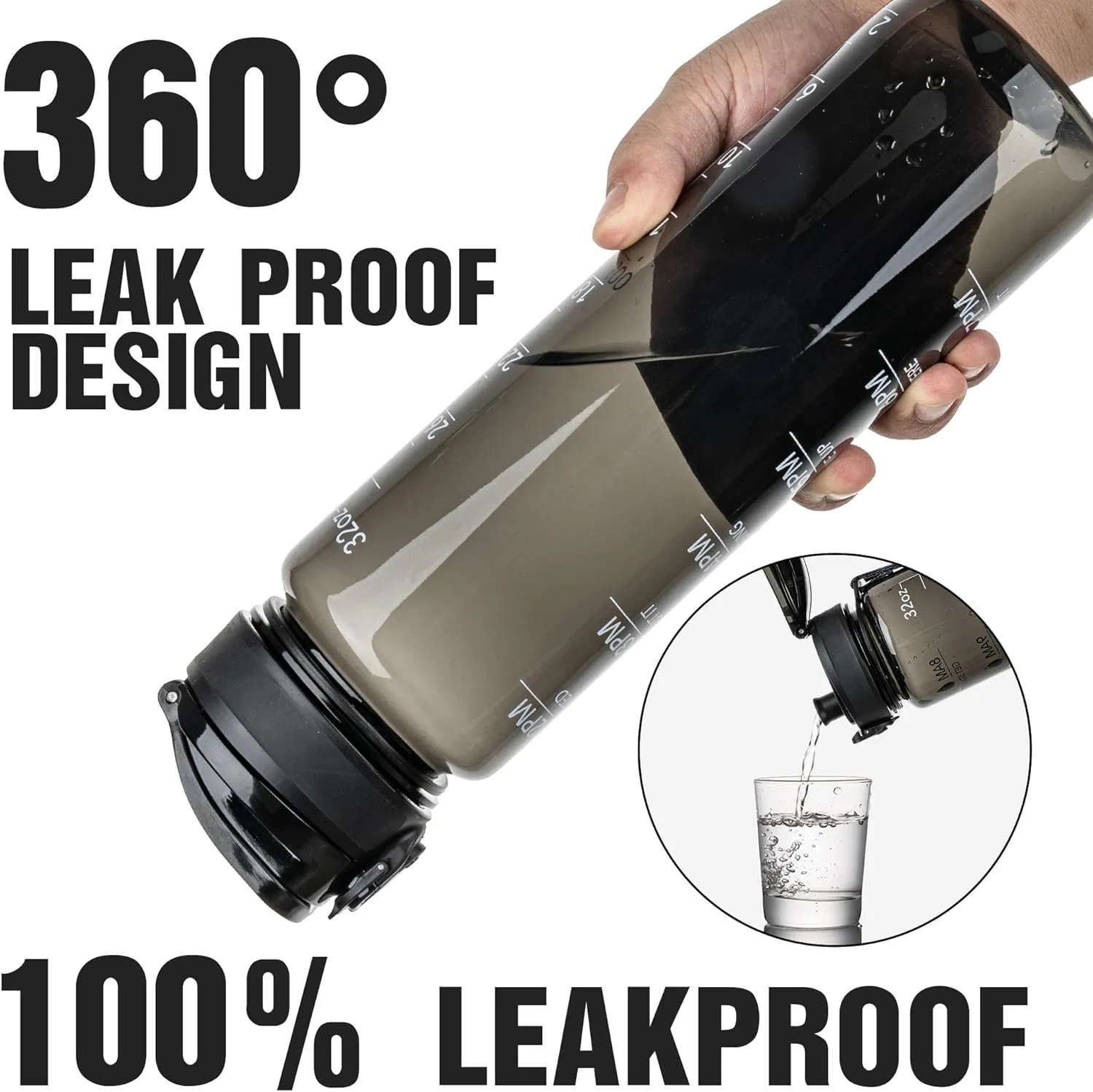 Water Bottle 32oz, Durable and Leakproof Water Bottles Motivational with Time Marker, Tritan, BPA Free, Wide Mouth, Gym, Travel, School,Office, Gifts for Her, Women Men,Clear Black (1 Bottle) - Image 3
