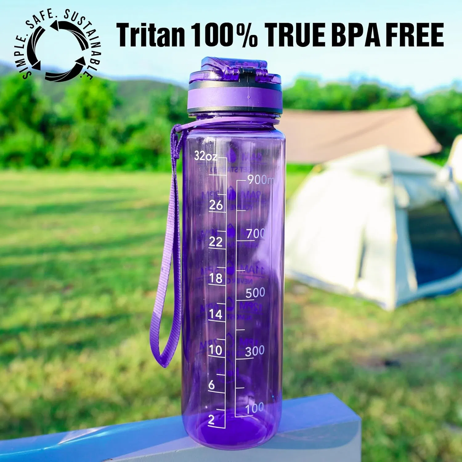 Water Bottle, 32oz Motivational Sports Water Bottle with Time Marker - Times to Drink - Tritan, BPA Free, Wide Mouth Leakproof, Anniversary Birthday Gifts for Men Women, Deep Purple (1 Bottle) - Image 2