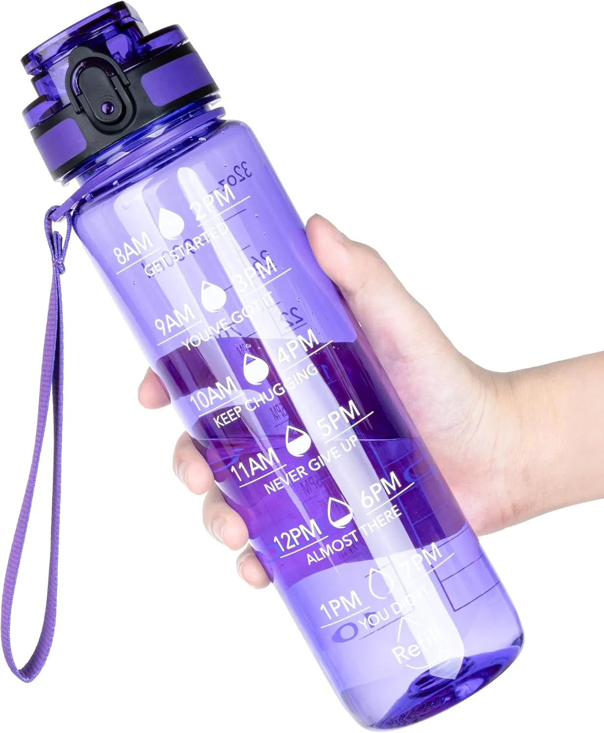 Water Bottle, 32oz Motivational Sports Water Bottle with Time Marker - Times to Drink - Tritan, BPA Free, Wide Mouth Leakproof, Anniversary Birthday Gifts for Men Women, Deep Purple (1 Bottle)