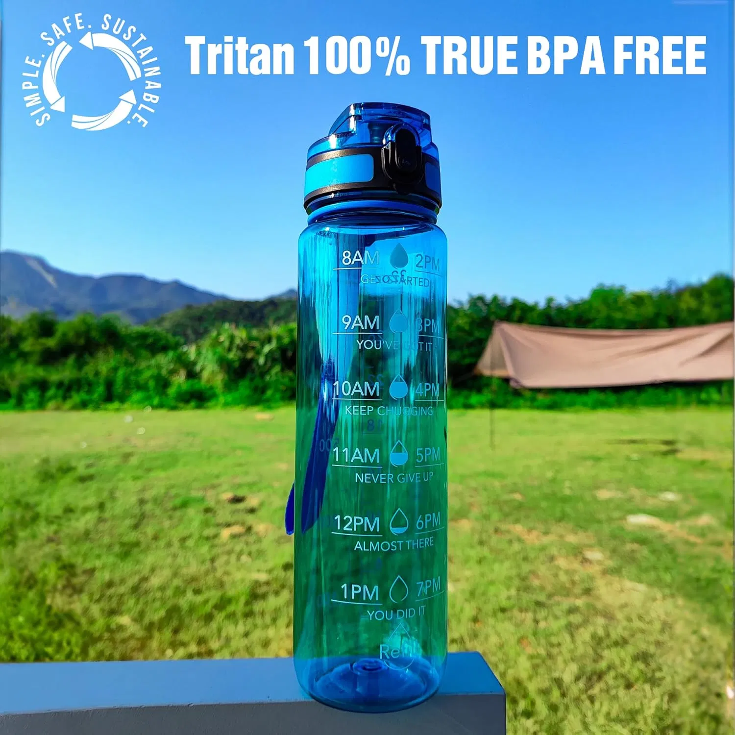 Water Bottle, 32oz Motivational Sports Water Bottle with Time Marker - Times to Drink - Tritan, BPA Free, Wide Mouth Leakproof, Glacial Blue (1 Bottle) - Image 2