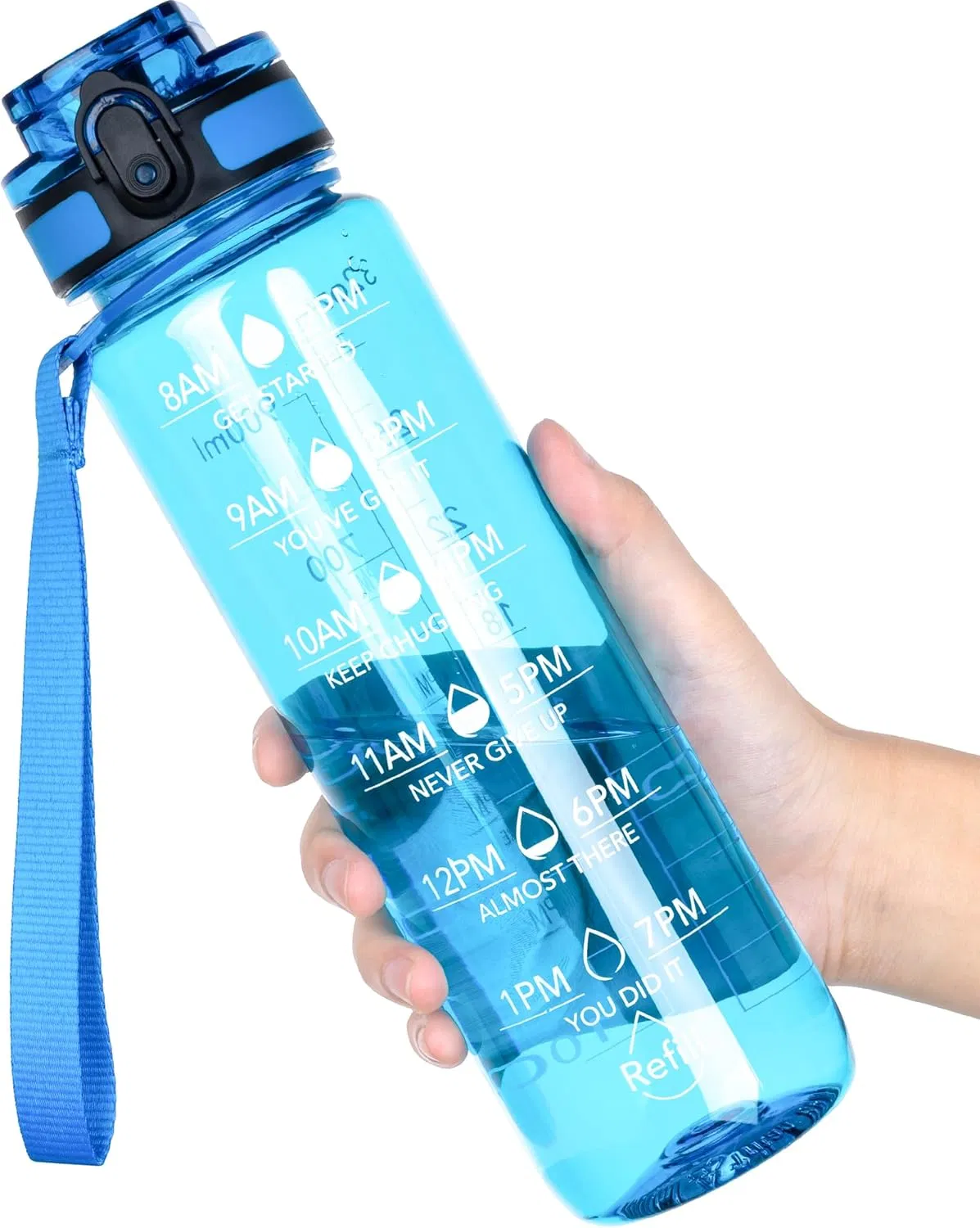 Water Bottle, 32oz Motivational Sports Water Bottle with Time Marker - Times to Drink - Tritan, BPA Free, Wide Mouth Leakproof, Glacial Blue (1 Bottle)