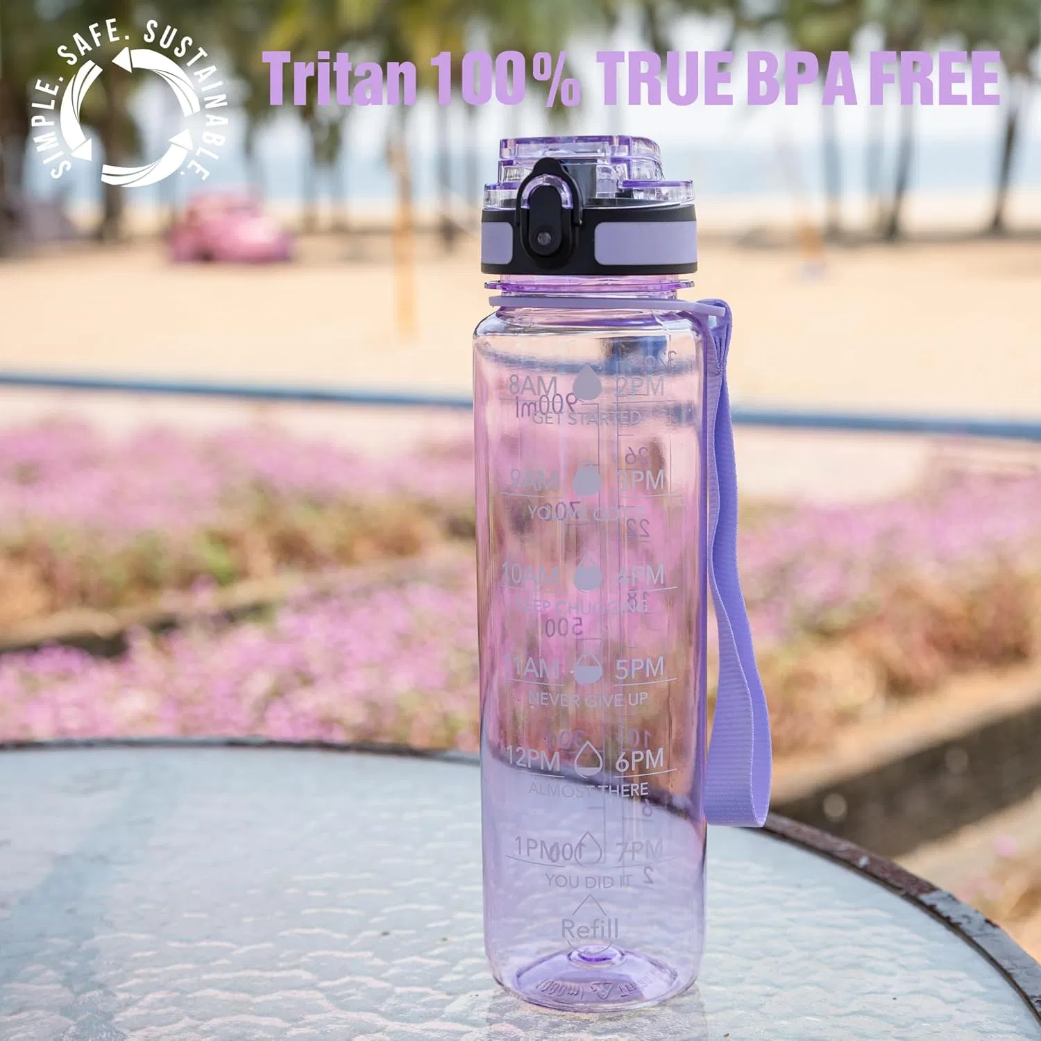 Water Bottle, 32oz Motivational Sports Water Bottle with Time Marker - Times to Drink - Tritan, BPA Free, Wide Mouth Leakproof,Anniversary Birthday Gifts for Men Women, Amethyst (1 Bottle - Image 3