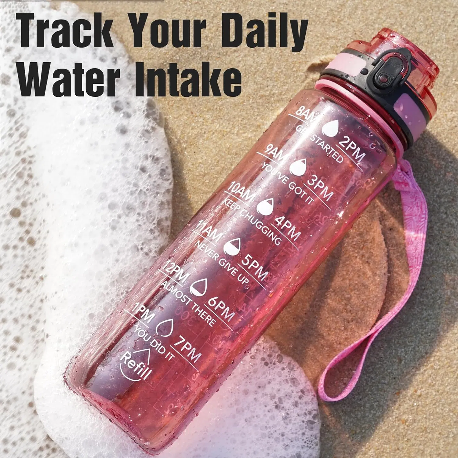 Water Bottle, 32oz Motivational Sports Water Bottle with Time Marker - Times to Drink - Tritan, BPA Free, Wide Mouth Leakproof,Anniversary Birthday Gifts for Men Women, Clear Red - Image 2