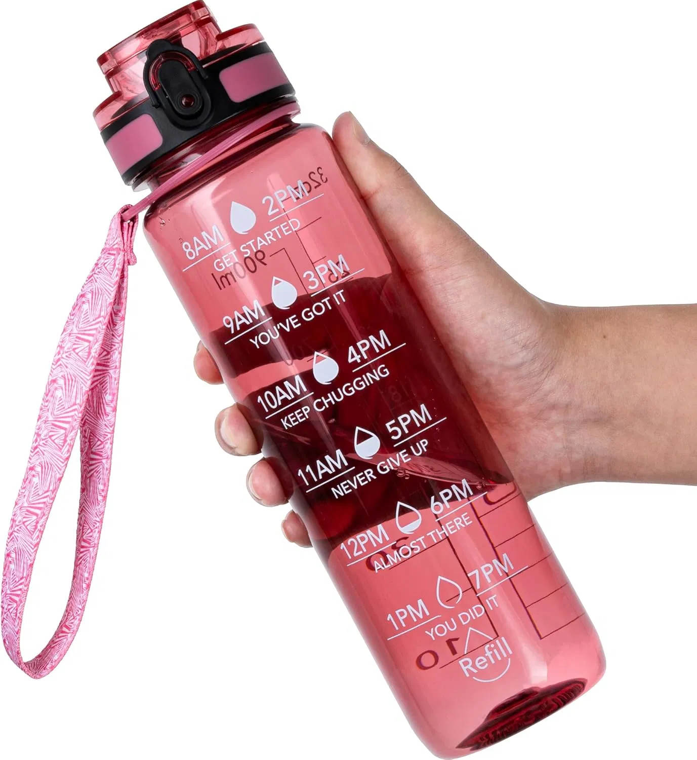 Water Bottle, 32oz Motivational Sports Water Bottle with Time Marker - Times to Drink - Tritan, BPA Free, Wide Mouth Leakproof,Anniversary Birthday Gifts for Men Women, Clear Red