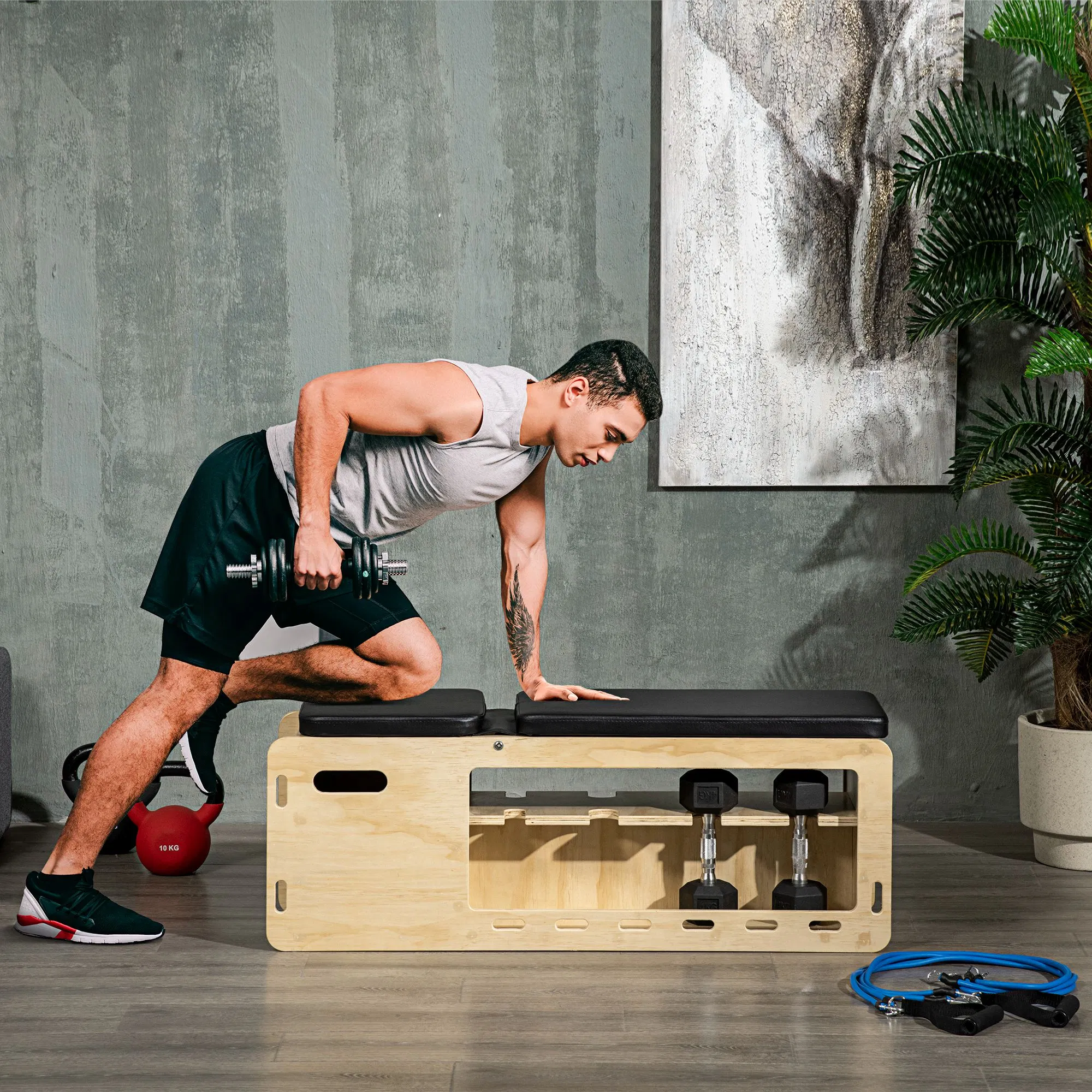 Wooden Workout Bench with Dumbbell Rack and Resistance Bands, Adjustable Incline Weight Bench for Home Gym - Image 2