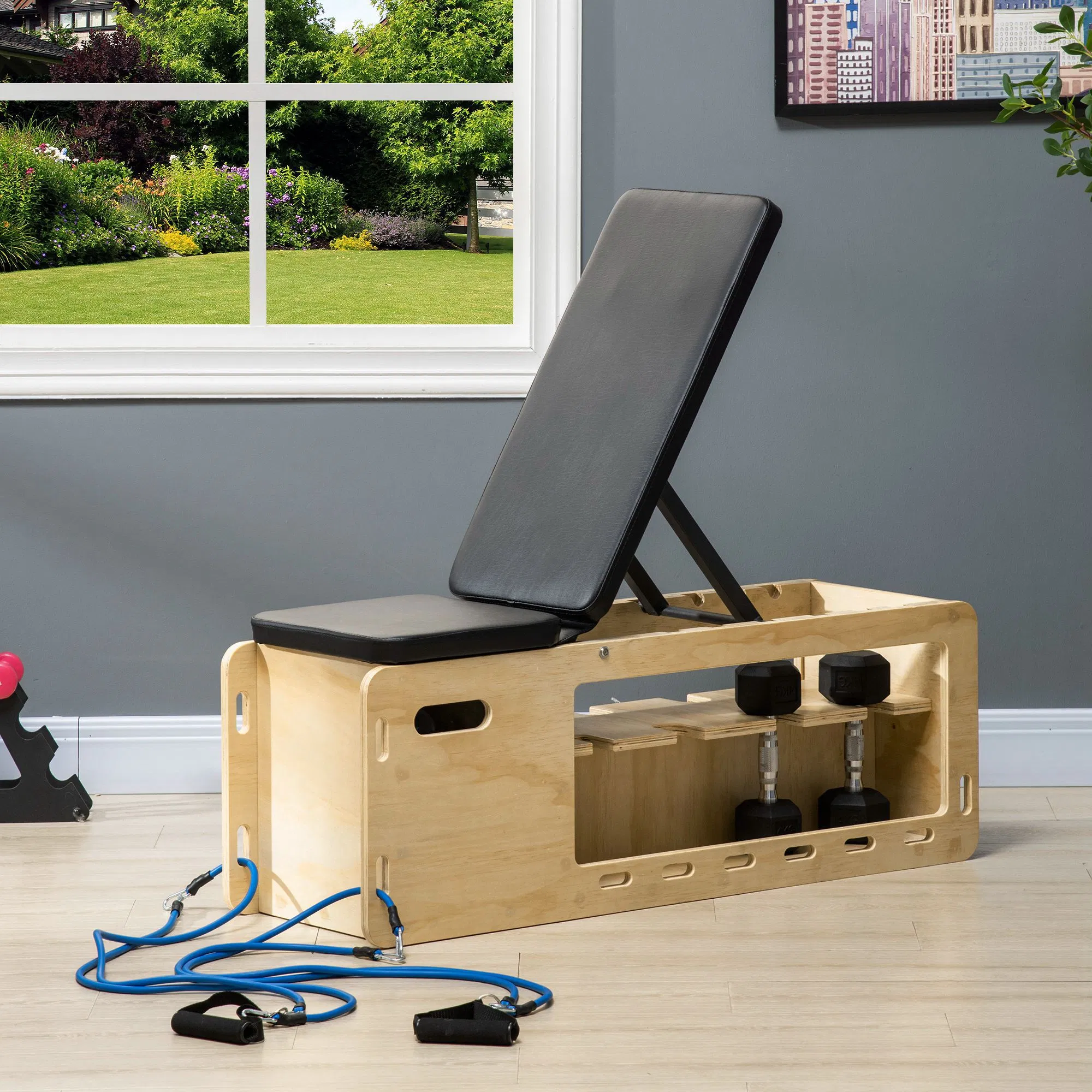 Wooden Workout Bench with Dumbbell Rack and Resistance Bands, Adjustable Incline Weight Bench for Home Gym - Image 11
