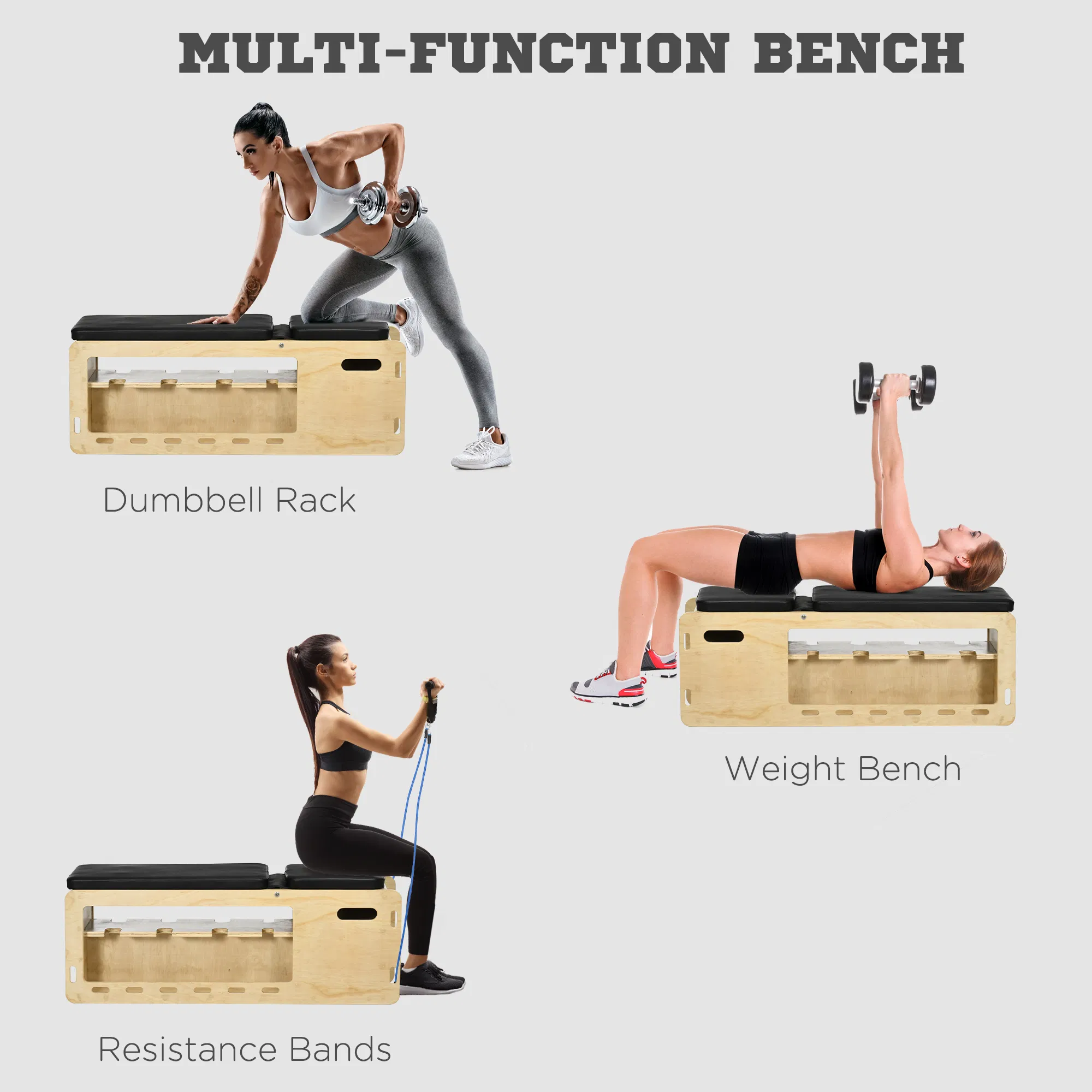 Wooden Workout Bench with Dumbbell Rack and Resistance Bands, Adjustable Incline Weight Bench for Home Gym - Image 4