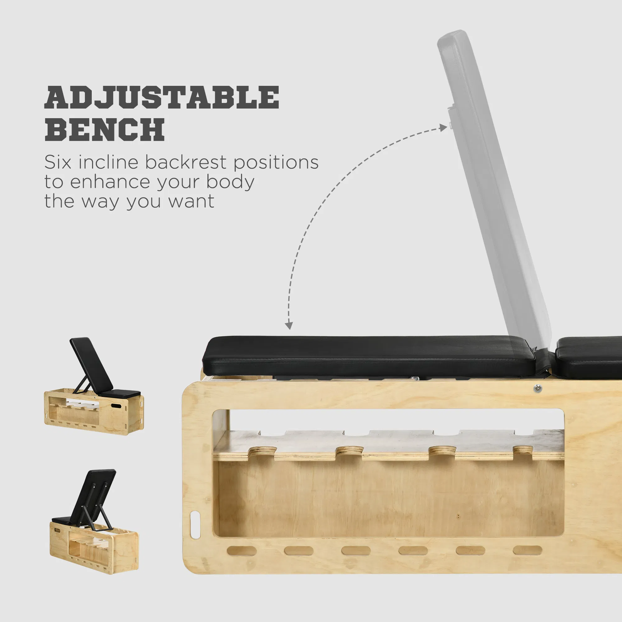Wooden Workout Bench with Dumbbell Rack and Resistance Bands, Adjustable Incline Weight Bench for Home Gym - Image 5