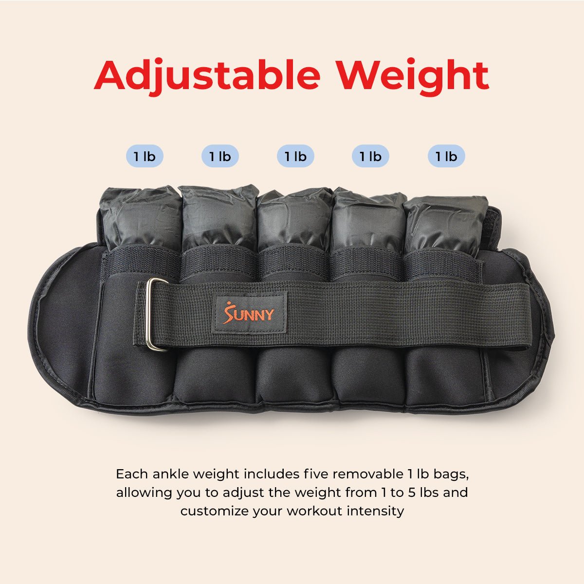 Sunny Health & Fitness Adjustable Ankle Weight 5-Pound (Pair) - Image 2